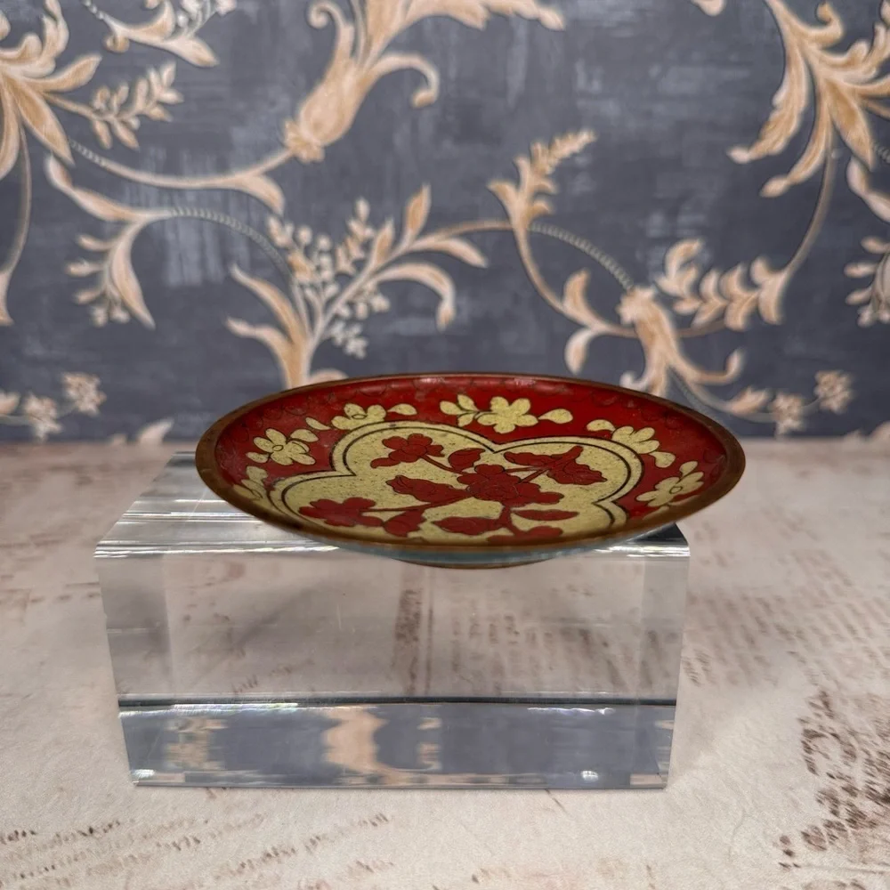 Vintage Chinese Cloisonne Brass Enamel Floral Trinket Dish Marked China